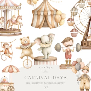 Clipart de carnaval, lindos animales de circo bohemios, carrusel, noria, acuarela caprichosa, león, oso, elefante, dulces, fiesta de cumpleaños, uso comercial