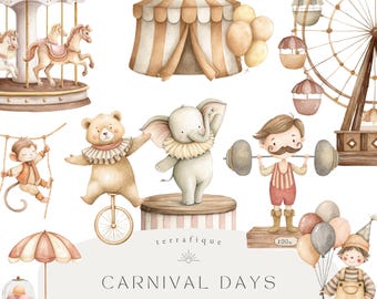 Imágenes prediseñadas de circo bohemio, animales de carnaval en acuarela PNG, gráficos de circo vintage para guardería, descarga digital para uso comercial de Circuscore