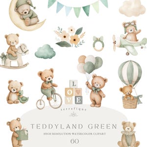 Könnte beinhalten: Aquarell-Clipart-Set mit Teddybären in verschiedenen Posen, darunter auf einem Schaukelpferd, mit Luftballons und Fahrradfahren. Die Farbpalette umfasst sanfte Grüntöne, Brauntöne und Cremetöne. Der Text "TEDDYLAND GREEN" ist zu sehen.