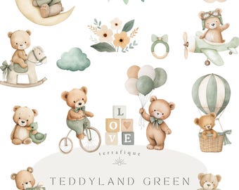 May include: Watercolor clipart set featuring teddy bears in various poses, including riding a rocking horse, holding balloons, and riding a bicycle. The color palette includes soft greens, browns, and creams. The text "TEDDYLAND GREEN" is displayed.