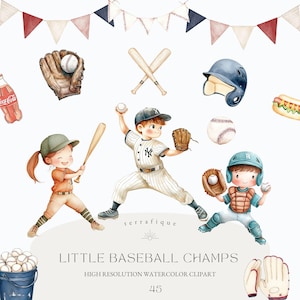 Baseball Clipart niedlich Aquarell wunderlich Kinder Spieler Baseballschläger Stollen Maske sportliche Aktivität Geburtstagseinladung Kommerzielle Nutzung
