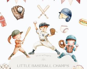 Watercolor Baseball Clipart: Kids Players, Bat, Cleats (Digital Download)