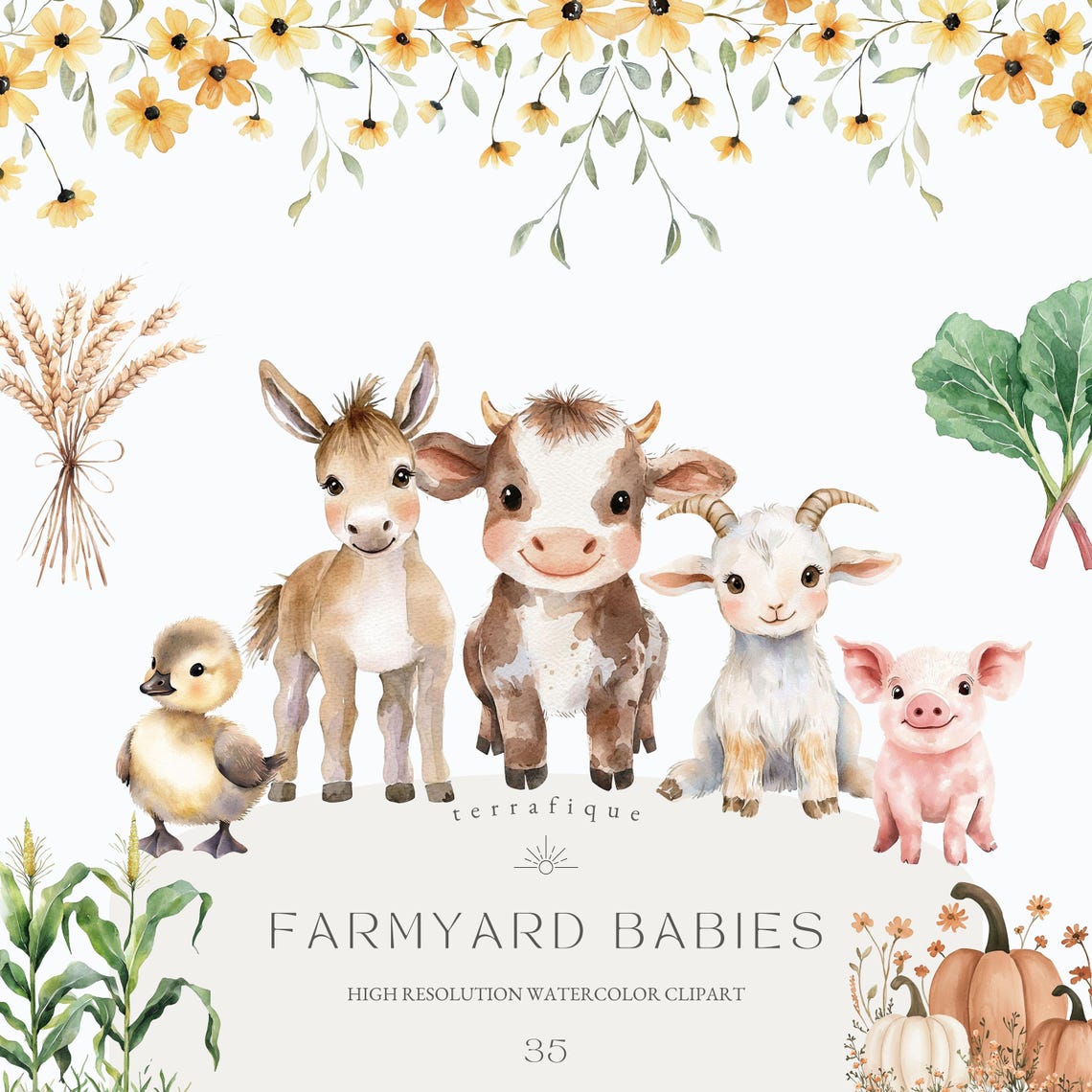 Watercolor Farm Animals Clipart: Baby Shower Nursery Art (PNG Digital ...