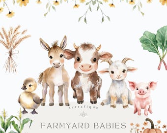 Watercolor Farm Animals Clipart: Baby Shower Nursery Art (PNG Digital Download)