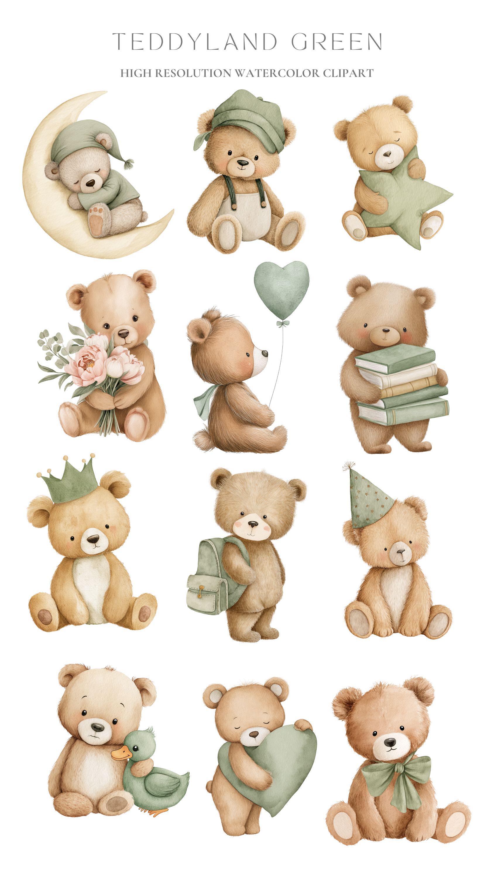 Sage Green Teddy Bear Clipart Set: Nursery & Baby Shower Graphics (PNG ...