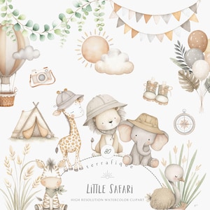 Könnte beinhalten: Aquarell-Illustration mit Safari-Tieren, darunter Giraffe, Löwe, Elefant und Zebra, alle mit Hüten. Das Bild zeigt auch einen Heißluftballon, ein Zelt und den Text "Little Safari". Die Farbpalette ist sanft und gedämpft.