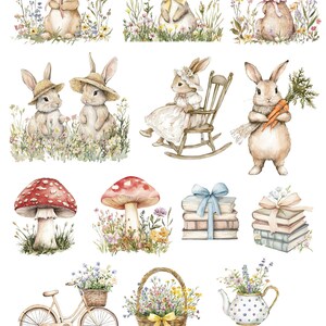 May include: Watercolour clipart set featuring bunnies, mushrooms, flowers, baskets, a bicycle, books, a teapot, and bows. The bunnies are in various poses, some with carrots, some in hats, and some in a rocking chair. The set is perfect for adding a touch of whimsy to your projects.