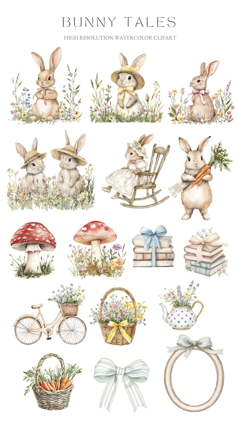 May include: Watercolour clipart set featuring bunnies, mushrooms, flowers, baskets, a bicycle, books, a teapot, and bows. The bunnies are in various poses, some with carrots, some in hats, and some in a rocking chair. The set is perfect for adding a touch of whimsy to your projects.