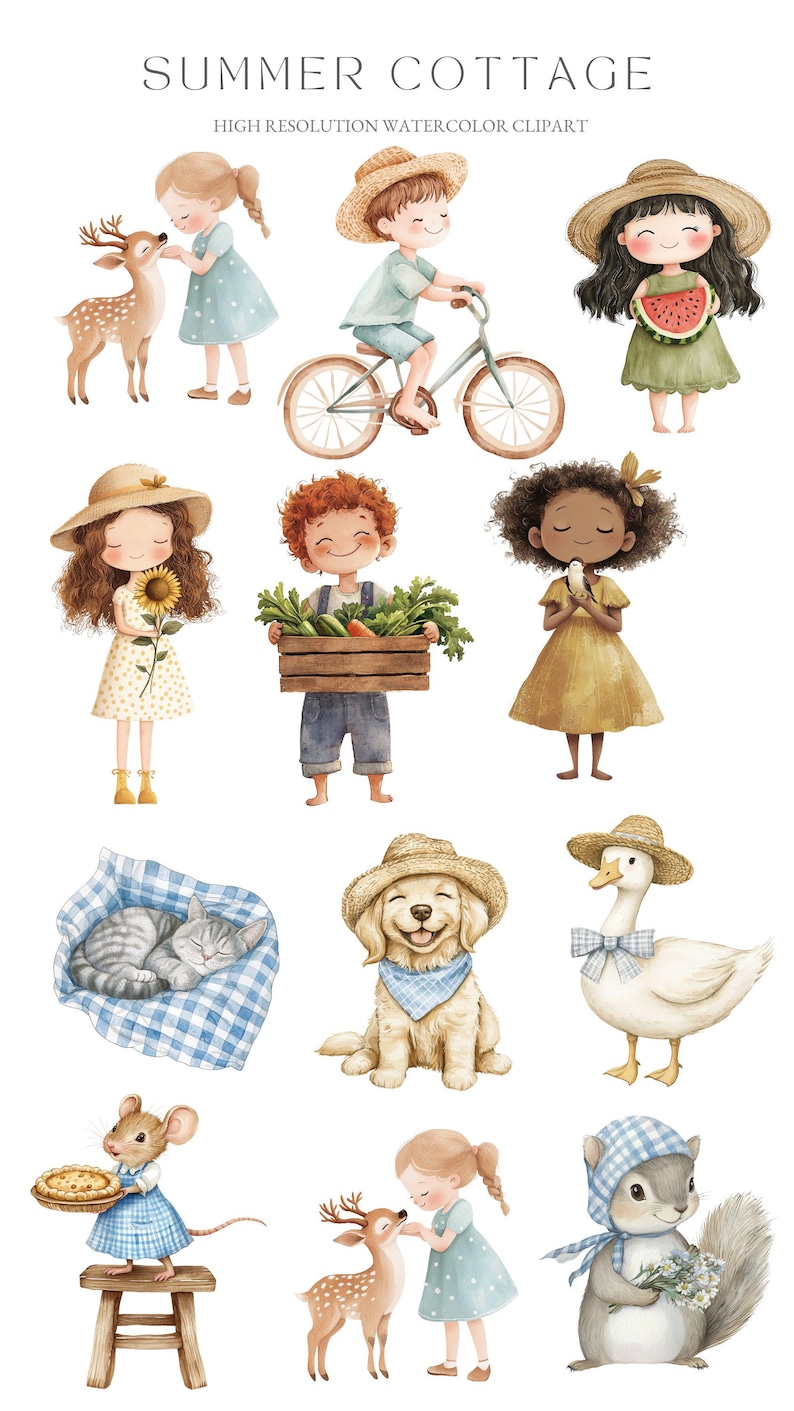 Może przedstawiać: Aquarelowe ilustracje dzieci i zwierząt w letnim klimacie domku. Ilustracje przedstawiają dziewczynkę głaszczącą jelenia, chłopca jadącego na rowerze, dziewczynkę trzymającą arbuza, dziewczynkę trzymającą słonecznik, chłopca trzymającego kosz warzyw, dziewczynkę trzymającą ptaka, kota śpiącego na niebiesko-białej kratkowanej kołdrze, psa w słomkowym kapeluszu, gęś w słomkowym kapeluszu, mysz trzymającą ciasto, dziewczynkę głaszczącą jelenia i wiewi&oacute;rkę trzymającą bukiet kwiat&oacute;w.