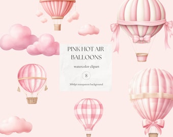 Pink Hot Air Balloon Watercolor Clipart: Nursery Art PNG (Digital Download)