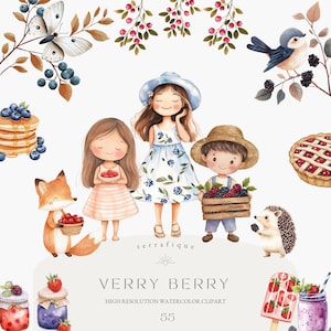Bundle de fruits clipart aquarelle enfants baies animaux bonbons motifs Bundle printemps été cottagecore invitations à des fêtes usage commercial PNG