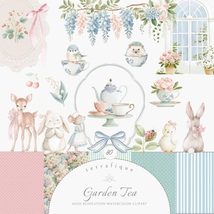 May include: Watercolor clipart set featuring a garden tea party theme. Includes illustrations of teacups, teapot, animals, flowers, and decorative elements. The text "Garden Tea" and "High Resolution Watercolor Clipart" are also included.