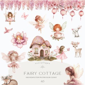 Clipart di fata carino rosa giardino incantato fata cottage floreale animali foresta magica asilo nido bambini compleanno clipart uso commerciale
