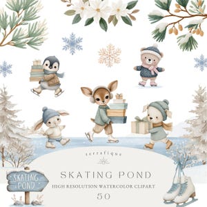May include: A watercolour illustration of a winter scene with animal characters ice skating. A penguin, bear, bunny, deer, and dog are carrying gifts. The image includes snowflakes, pine trees, and the text "Skating Pond".