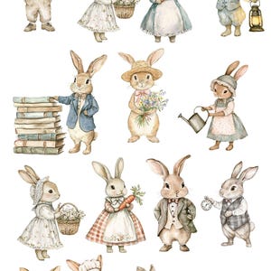 May include: A set of 12 watercolour illustrations of bunnies in various poses and outfits. The bunnies are wearing clothes, holding objects, and engaging in activities such as reading, gardening, and baking. The illustrations are in a whimsical style and are perfect for adding a touch of charm to any project.