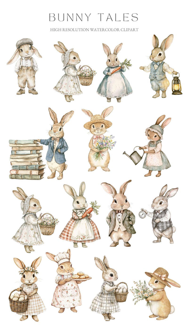 May include: A set of 12 watercolour illustrations of bunnies in various poses and outfits. The bunnies are wearing clothes, holding objects, and engaging in activities such as reading, gardening, and baking. The illustrations are in a whimsical style and are perfect for adding a touch of charm to any project.