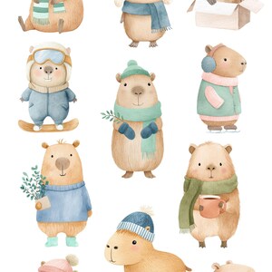 May include: Watercolor clipart featuring capybaras in winter attire. The illustrations show capybaras wearing hats, scarves, and coats, some with skis, ice skates, and holding mugs. The text "CAPYBARA WINTER" and "HIGH RESOLUTION WATERCOLOR CLIPART" is at the top.