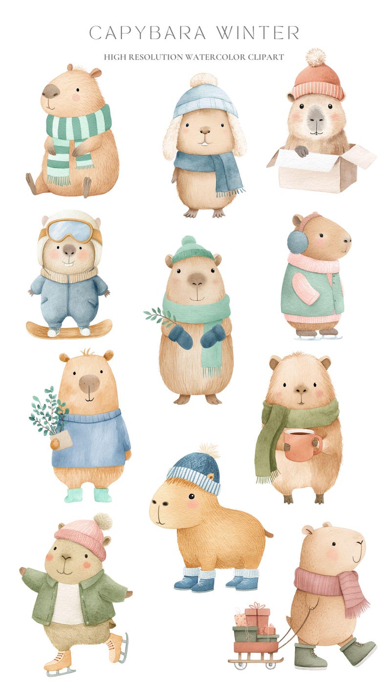 May include: Watercolor clipart featuring capybaras in winter attire. The illustrations show capybaras wearing hats, scarves, and coats, some with skis, ice skates, and holding mugs. The text "CAPYBARA WINTER" and "HIGH RESOLUTION WATERCOLOR CLIPART" is at the top.