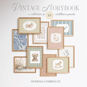 Puede incluir: Una colección de estampas vintage para niños, con ilustraciones enmarcadas de animales, patrones florales y un alfabeto. Las estampas están en colores pastel suaves con marcos dorados. El texto dice "VINTAGE STORYBOOK" y "a collection of 100 children's prints."