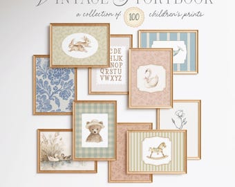 100 Vintage Nursery Printable Wall Art Prints Bundle Children Gallery Wall Posters Storybook Animals Patterns (Personal & Commercial Use)