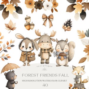 Può includere: Illustrazione ad acquerello di animali della foresta ed elementi autunnali. Include un coniglio, un alce e uno scoiattolo, ognuno con sciarpe. L'immagine presenta anche foglie, ghiande, fiori e il testo "FOREST FRIENDS FALL".