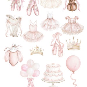 May include: Watercolor clipart featuring ballet-themed illustrations. Includes pink ballet shoes, tutus, a violin, a harp, crowns, balloons, a cake, gifts, and macarons. The text "Little Ballet Academy" and "High Resolution Watercolor Clipart" are also present.