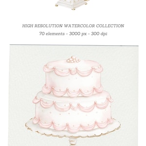 May include: Watercolor illustration of a vintage gramophone and a two-tiered cake. The gramophone is white with gold accents and a pink horn. The cake is white with pink frosting and decorative elements. Text: HIGH RESOLUTION WATERCOLOR COLLECTION 70 elements - 3000 px - 300 dpi.