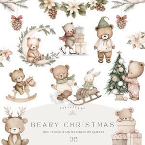 Puede incluir: Clipart de acuarela con varios osos de peluche en atuendos de invierno y escenas festivas. Los osos patinan sobre hielo, andan en trineo y decoran un &aacute;rbol de Navidad. El texto "BEARY CHRISTMAS" se muestra debajo de las ilustraciones.