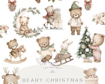 Weihnachten Teddy Bär Clipart, Aquarell Vintage Bär PNG, Urlaub Kinderzimmer Grafiken, Salbei Grün Beige Weihnachtsbären, kommerzielle Nutzung