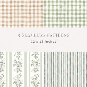 May include: Four seamless patterns in a 12 x 12 inch format. The patterns include a brown and white gingham, a green and white gingham, a white and green striped pattern with floral accents, and a blue and white striped pattern.