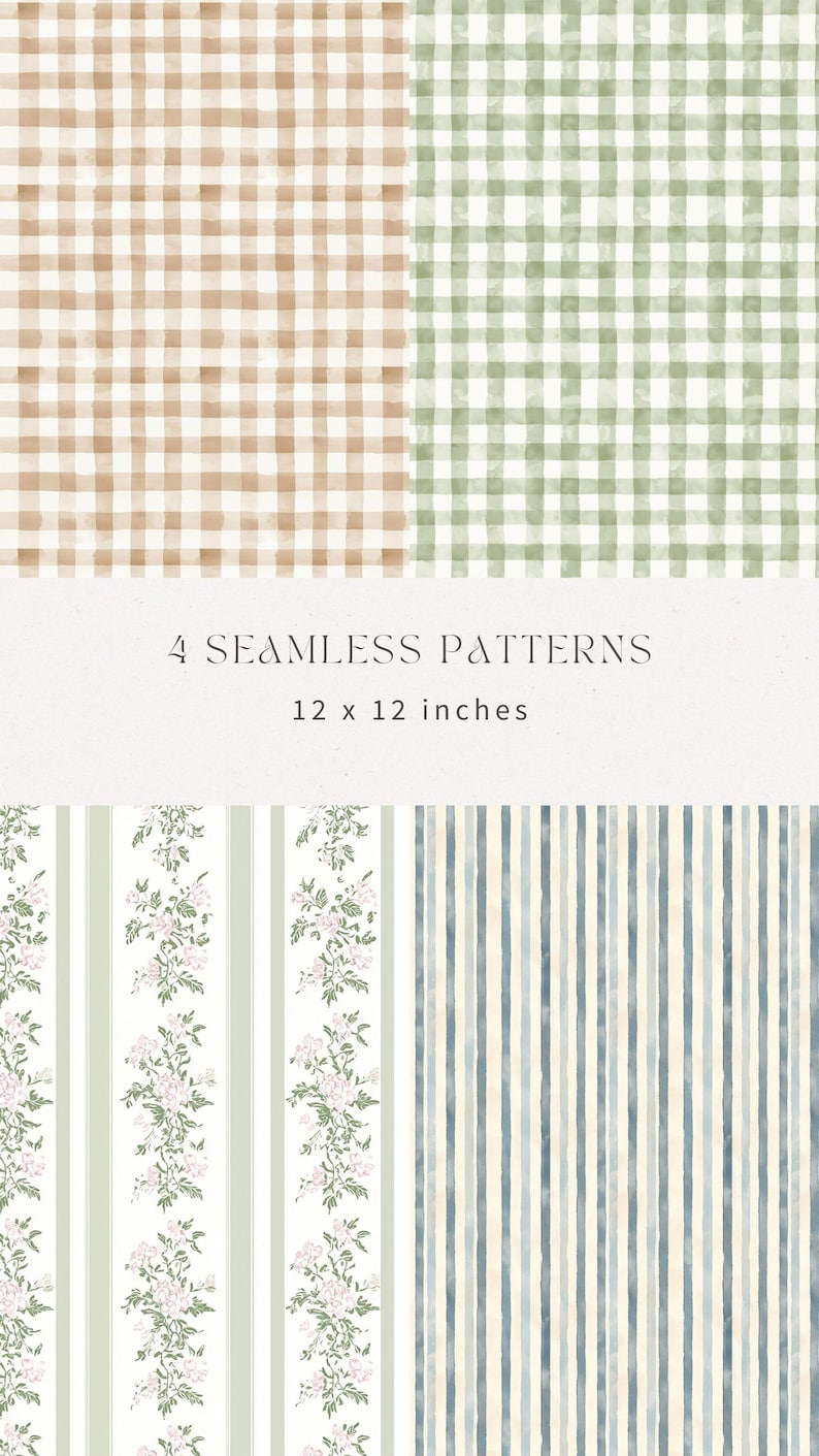 May include: Four seamless patterns in a 12 x 12 inch format. The patterns include a brown and white gingham, a green and white gingham, a white and green striped pattern with floral accents, and a blue and white striped pattern.
