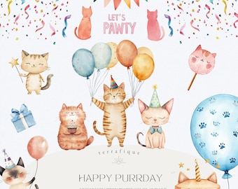 Watercolor Cats Birthday Clipart: Pastel Kittens Party (PNG)
