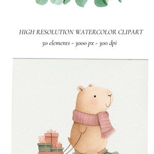 May include: Watercolor clipart featuring a cute capybara wearing a pink scarf and green boots, pulling a cart of gifts. The image includes text: "HIGH RESOLUTION WATERCOLOR CLIPART 50 elements - 3000 px - 300 dpi". Green eucalyptus and fern leaves are at the top.