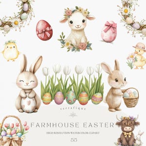 Niedliche Ostern Clipart Bauernhaus Rustikal Cottagecore Kaninchen Bunnies Kranz Eier Korb Pastell Aquarell Vintage Frühling Kommerzielle Nutzung Bundle