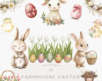 May include: A set of watercolor illustrations featuring a farmhouse Easter theme. The illustrations include a bunny holding a heart-shaped egg, a lamb with a floral crown, a chick, a cow with a floral crown, a basket of eggs, and a row of tulips with eggs.