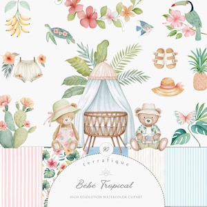 Tropisches Kinderzimmer Aquarell Clipart Sommer Strand Baby Shower Grafiken Transparente PNG Kommerzielle Nutzung