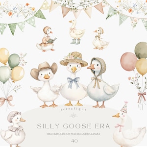 Silly Goose Clipart Primavera Vintage Cottagecore Caprichoso Bonito Aquarela Uso Comercial Festa de Aniversário Chá de Bebê Flores Silvestres Balões PNG