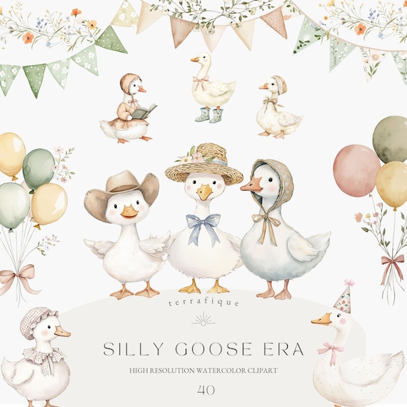 Vintage Goose Watercolor Clipart: Cottagecore Spring PNG (Digital Download)