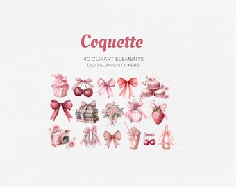Coquette Clipart: Pink Bows, Cherries, Strawberries (Digital Download)