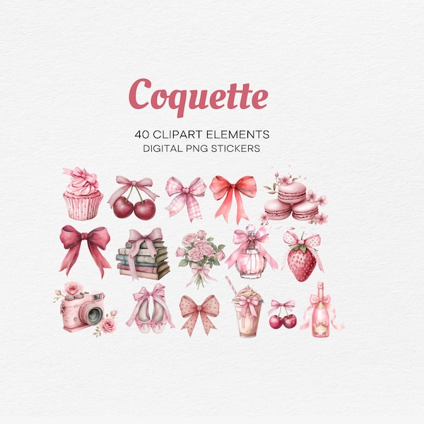 Coquette Clipart Digital Stickers Goodnotes PNG Pink Aesthetic Bow for Journal Planner Trendy Design Sublimation Printable Digital Download