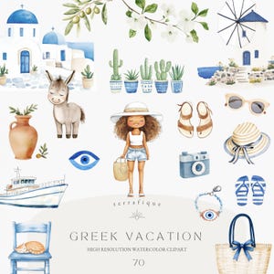 Niedliche griechische Urlaub Clipart Aquarell Sommer Mittelmeer Reise Strand niedlich Kinder Griechenland Urlaub kommerzielle Nutzung Clipart unbegrenzter Umsatz