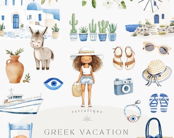 Greek Vacation Clipart, Watercolor Mediterranean Summer PNG, Travel Holiday Beach Graphics, Greek Island Kids Clipart, Commercial Use