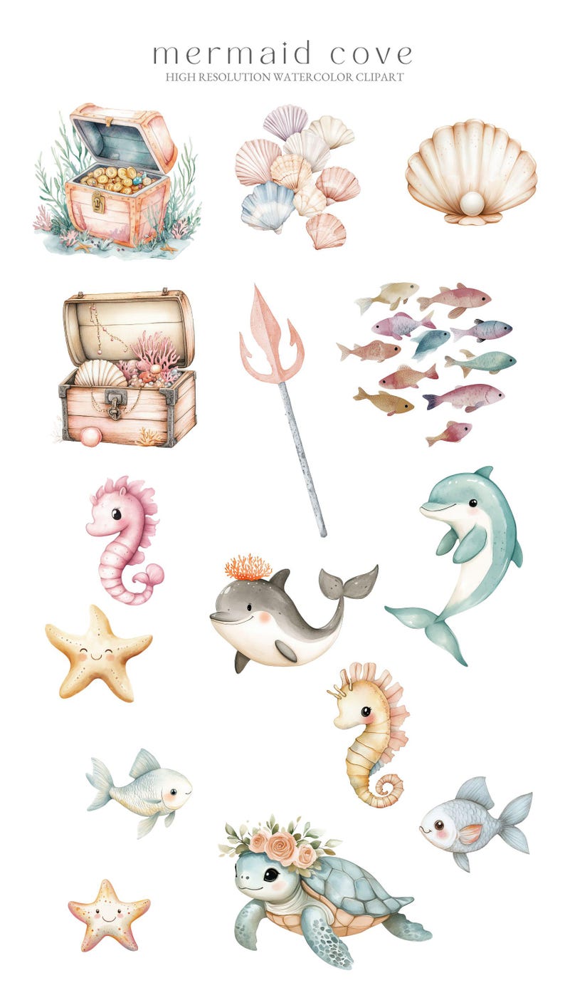 Puede incluir: Ilustraciones de acuarela de varias criaturas marinas, incluyendo un caballito de mar, un delf&iacute;n, una tortuga y una estrella de mar. Tambi&eacute;n hay im&aacute;genes de un cofre del tesoro, conchas marinas y un tridente.