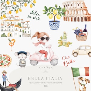Clipart Italia Carino Acquerello Mediterraneo Italiano Estate Viaggio Amalfi Positano Limoni Piastrelle in Maiolica Cibo Italiano Uso Commerciale Clipart