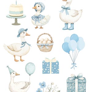 May include: Watercolor clipart set featuring a birthday cake, a basket of eggs, a bunch of blue balloons, two presents, a bouquet of blue and white flowers, and four geese wearing hats and accessories. The geese are all white with blue accents. The background is white.