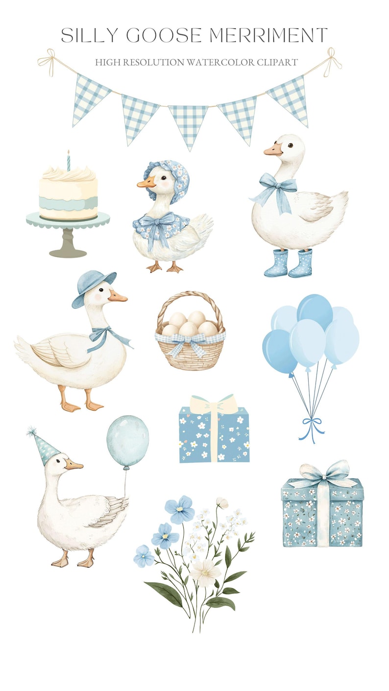 May include: Watercolor clipart set featuring a birthday cake, a basket of eggs, a bunch of blue balloons, two presents, a bouquet of blue and white flowers, and four geese wearing hats and accessories. The geese are all white with blue accents. The background is white.