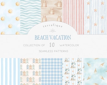 May include: A collection of 10 watercolor seamless patterns with a beach vacation theme. The patterns include suns, waves, sandcastles, stripes, stars, beach huts, gingham, bunnies, and paper airplanes. The text "terrafique BEACH VACATION" is displayed.