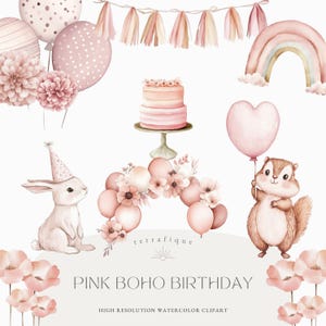 Conjunto de imágenes prediseñadas de cumpleaños boho rosa, linda fiesta, acuarela caprichosa PNG, uso comercial, invitaciones de cumpleaños para niñas, baby shower, decoración de guardería