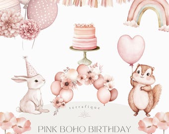 Pink Boho Birthday Clipart: Watercolor Party Graphics (PNG)