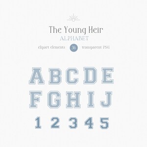 May include: A collection of blue alphabet letters and numbers, including A through J and 1 through 5, with a textured, stitched appearance. The text "The Young Heir ALPHABET" is displayed above the letters, with "clipart elements 36 transparent PNG" below.